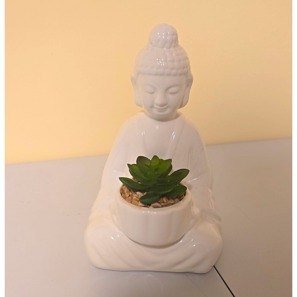 White Buddha Statue Figurine Holding Planter Bowl Pot with Succulent